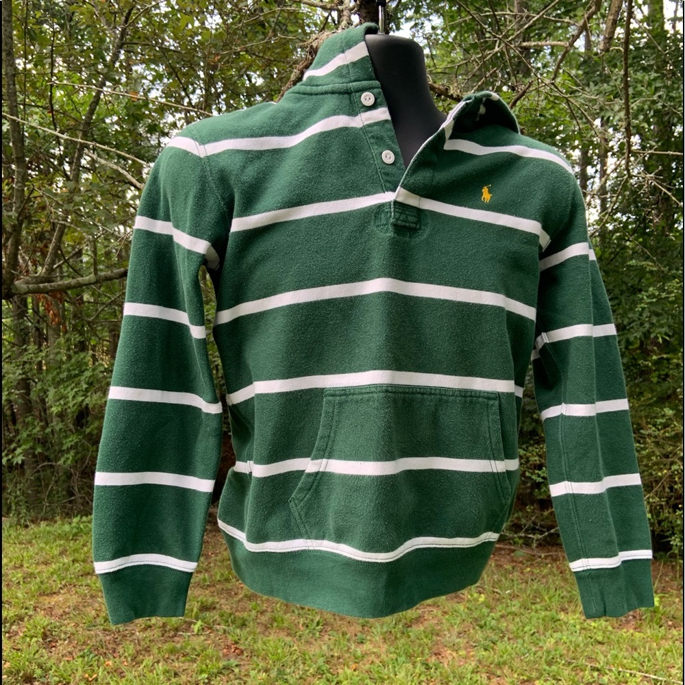 Green and White Striped Polo Hoodie